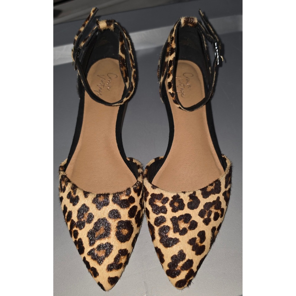 Crown Vintage Evalinda Leopard Calf Hair Pointed Toe Ankle Strap Flats 8.5 M
